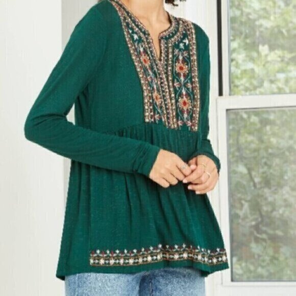 KNOX ROSE Embroidered Knit Top Dark Green Floral Boho Long Sleeve Peasant Blouse - Picture 1 of 13